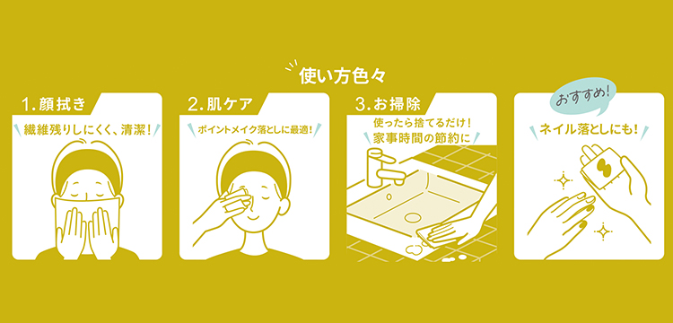顔拭きからスキンケア、お掃除までさまざまな用途で使える