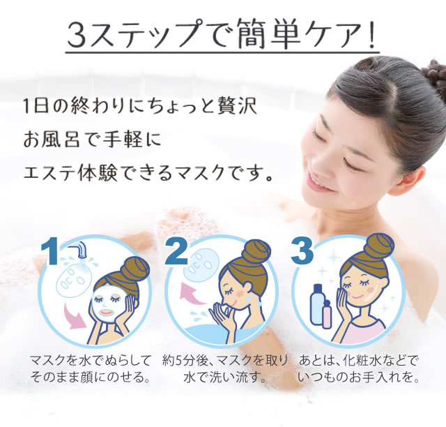 3ステップで簡単ケア! 1日の終わりにちょっと贅沢お風呂で手軽にエステ体験できるマスクです。 1.マスクを水でぬらしてそのまま顔にのせる。 2.約5分後、マスクを取り水で洗い流す。 3.あとは、化粧水などでいつものお手入れを。
