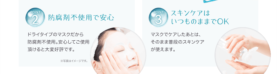 POINT2 防腐剤不使用で安心、POINT3 スキンケアはいつものままでＯＫ